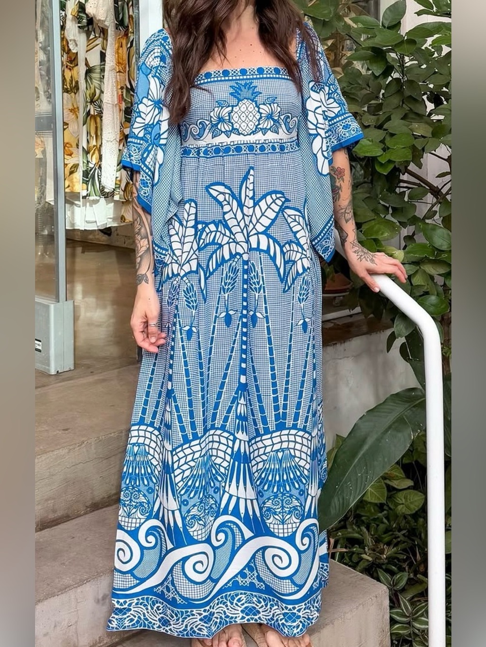 FARM Rio Blue and White Tropical Print Maxi Dress